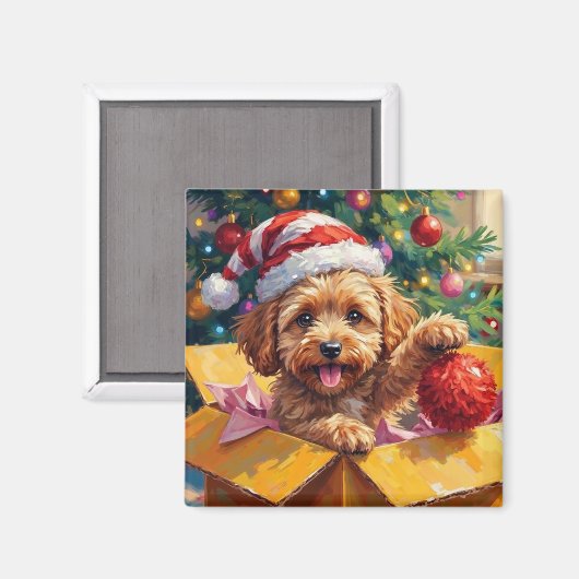 Cockapoo Dog Christmas Gift Box Surprise マグネット (正面/裏面)