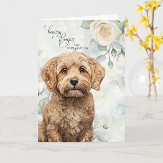 Cockapoo Dog White Roses and Sage Green Get Well カード (黄色い花)