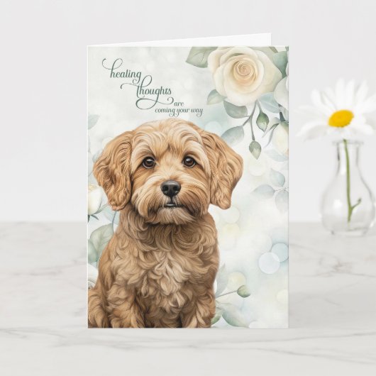 Cockapoo Dog White Roses and Sage Green Get Well カード (小さな植物)
