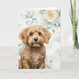 Cockapoo Dog with White Roses and Sage Green サンキューカード