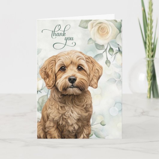 Cockapoo Dog with White Roses and Sage Green サンキューカード (正面)