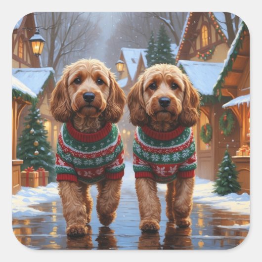 Cockapoo Dogs Christmas Snow Holiday  スクエアシール (正面)