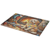 Cockapoo Sitting by Fireplace with Christmas Light カッティングボード (角)