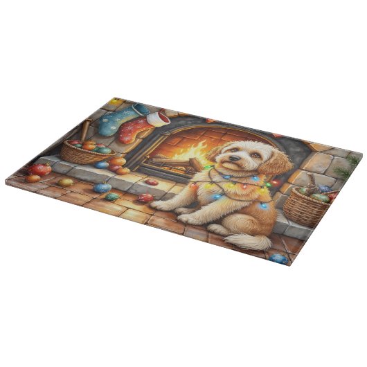 Cockapoo Sitting by Fireplace with Christmas Light カッティングボード (角)