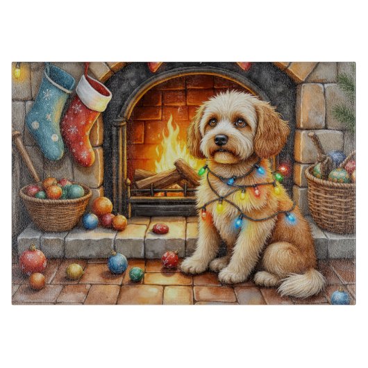Cockapoo Sitting by Fireplace with Christmas Light カッティングボード (正面)