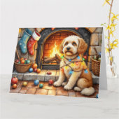 Cockapoo Sitting by Fireplace with Christmas Light カード (黄色い花)