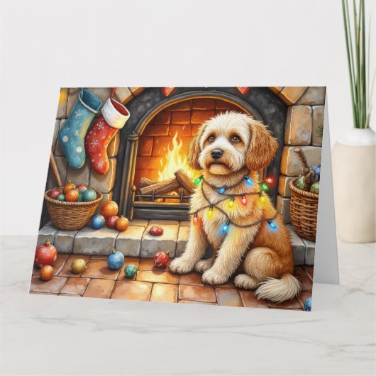 Cockapoo Sitting by Fireplace with Christmas Light カード (正面)