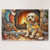 Cockapoo Sitting by Fireplace with Christmas Light ジグソーパズル (横)