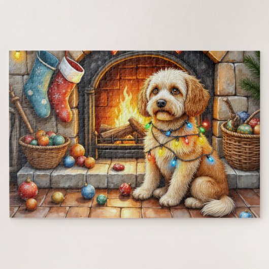 Cockapoo Sitting by Fireplace with Christmas Light ジグソーパズル (横)