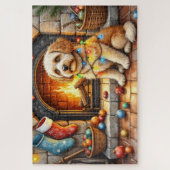 Cockapoo Sitting by Fireplace with Christmas Light ジグソーパズル (縦)