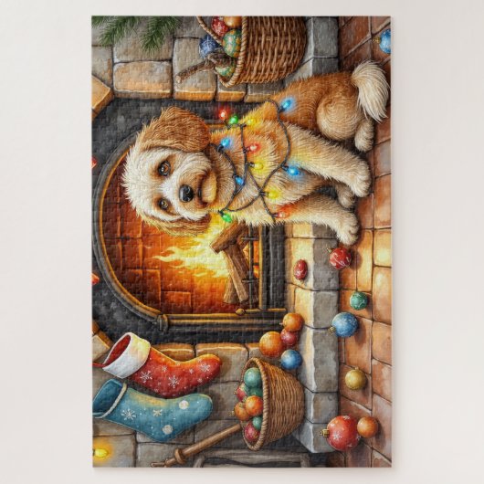 Cockapoo Sitting by Fireplace with Christmas Light ジグソーパズル (縦)