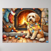 Cockapoo Sitting by Fireplace with Christmas Light ポスター (正面)
