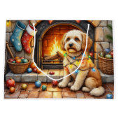 Cockapoo Sitting by Fireplace with Christmas Light ラージペーパーバッグ (正面)