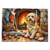 Cockapoo Sitting by Fireplace with Christmas Light ラージペーパーバッグ (裏面)