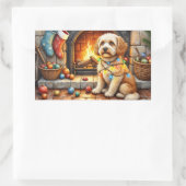 Cockapoo Sitting by Fireplace with Christmas Light 長方形シール (バッグ)