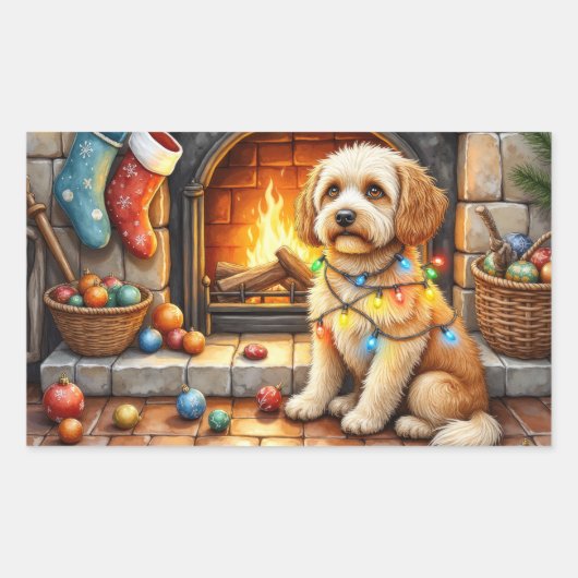 Cockapoo Sitting by Fireplace with Christmas Light 長方形シール (正面)
