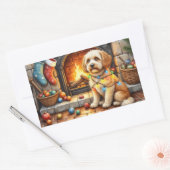 Cockapoo Sitting by Fireplace with Christmas Light 長方形シール (封筒)