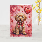 Cockapoo Valentine Dog Sitting with Hearts Red カード (黄色い花)