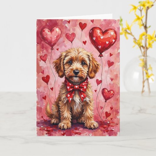 Cockapoo Valentine Dog Sitting with Hearts Red カード (黄色い花)