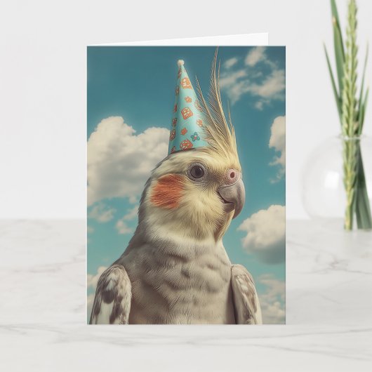 Cockatiel with Birthday Hat Against Blue Sky カード (正面)