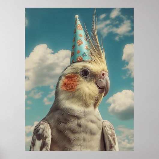 Cockatiel with Birthday Hat Against Blue Sky ポスター (正面)