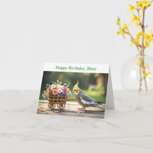 Cockatiel with Flowers Custom name & text birthday カード (黄色い花)