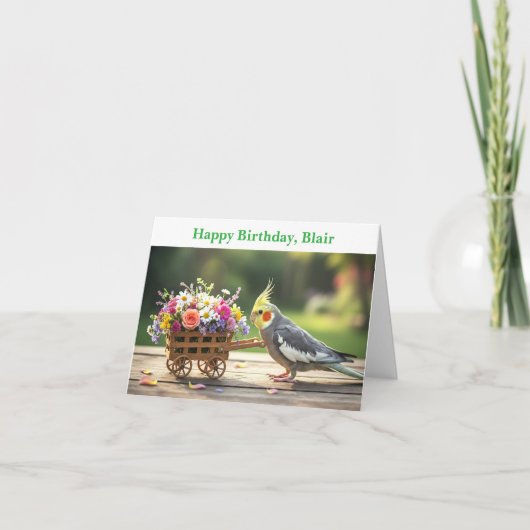 Cockatiel with Flowers Custom name & text birthday カード (正面)