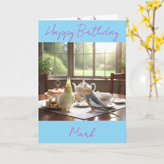 Cockatiels Afternoon Tea Custom Name Text Birhtday カード (黄色い花)