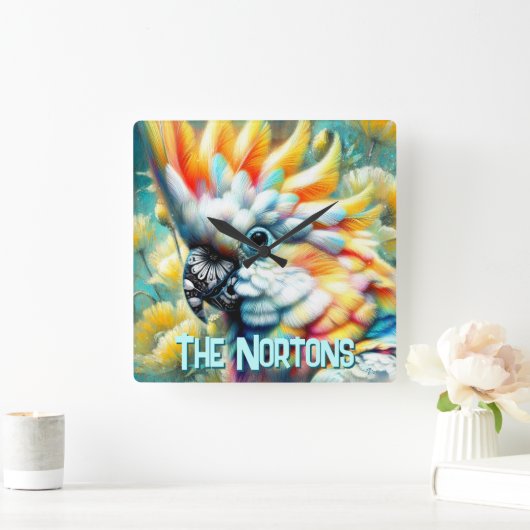 Cockatoo Bird Yellow Poppies Personalized スクエア壁時計 (ホーム)