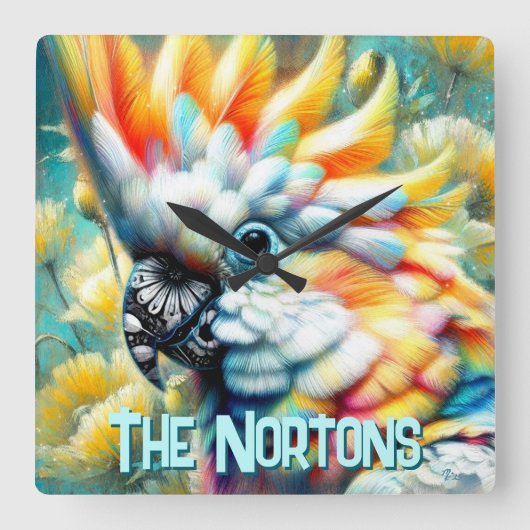 Cockatoo Bird Yellow Poppies Personalized スクエア壁時計 (正面)