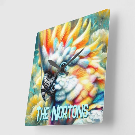 Cockatoo Bird Yellow Poppies Personalized スクエア壁時計 (傾斜)