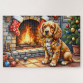 Cocker Spaniel by Fireplace with Christmas Lights ジグソーパズル (横)