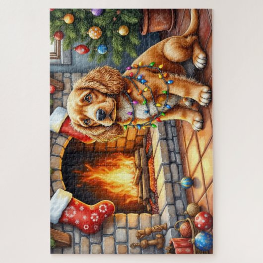 Cocker Spaniel by Fireplace with Christmas Lights ジグソーパズル (縦)