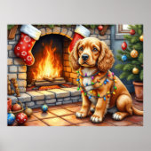 Cocker Spaniel by Fireplace with Christmas Lights ポスター (正面)
