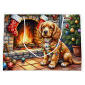 Cocker Spaniel by Fireplace with Christmas Lights ラージペーパーバッグ (正面)