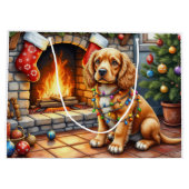 Cocker Spaniel by Fireplace with Christmas Lights ラージペーパーバッグ (裏面)