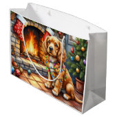 Cocker Spaniel by Fireplace with Christmas Lights ラージペーパーバッグ (裏面アングル)