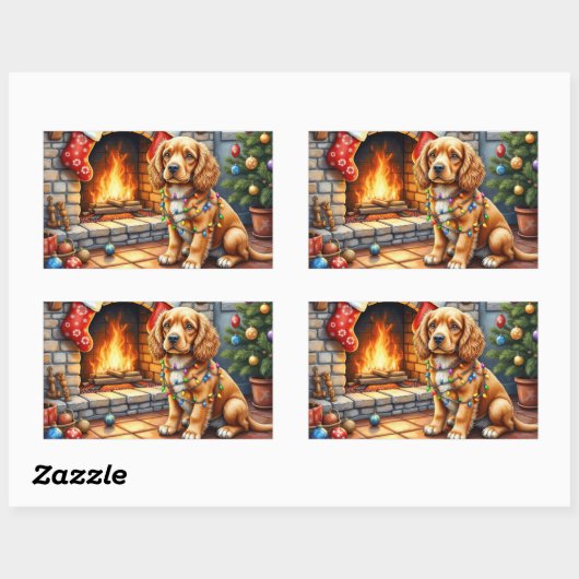 Cocker Spaniel by Fireplace with Christmas Lights 長方形シール (シート)