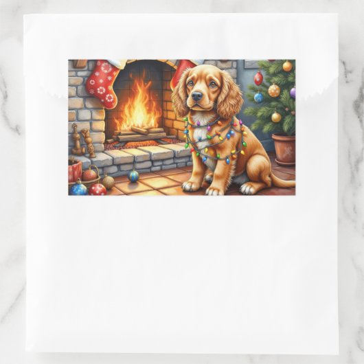 Cocker Spaniel by Fireplace with Christmas Lights 長方形シール (バッグ)
