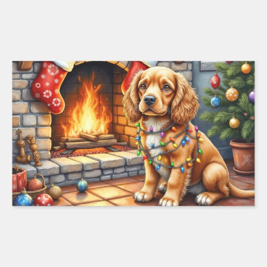 Cocker Spaniel by Fireplace with Christmas Lights 長方形シール (正面)