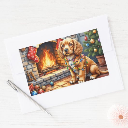 Cocker Spaniel by Fireplace with Christmas Lights 長方形シール (封筒)
