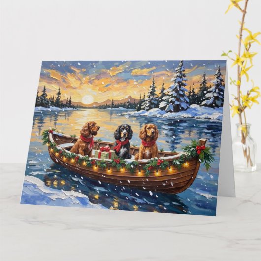 Cocker Spaniel Christmas Boat Holiday カード (黄色い花)