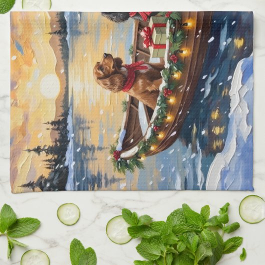 Cocker Spaniel Christmas Boat Holiday キッチンタオル (折り畳み)