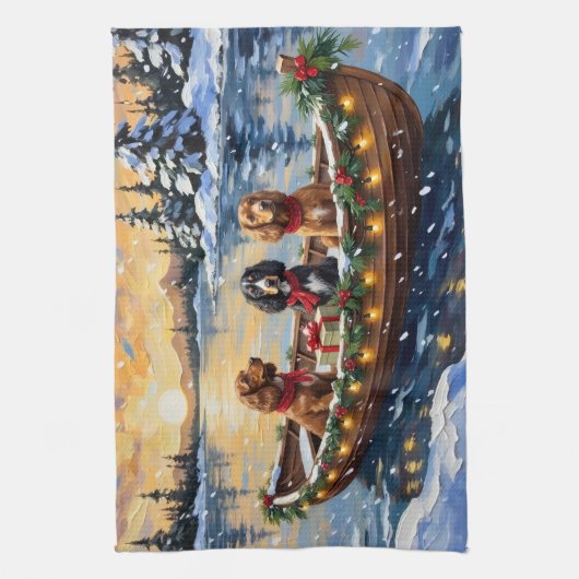 Cocker Spaniel Christmas Boat Holiday キッチンタオル (縦)