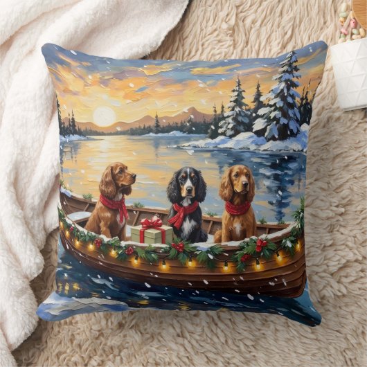 Cocker Spaniel Christmas Boat Holiday クッション (ブランケット)