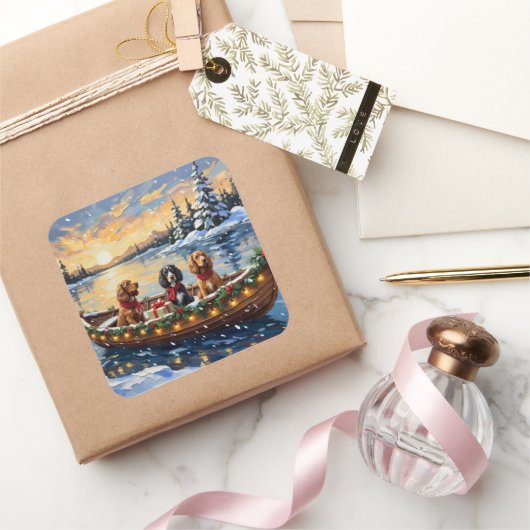 Cocker Spaniel Christmas Boat Holiday スクエアシール (ギフト)