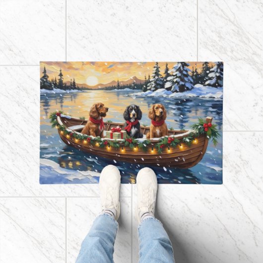 Cocker Spaniel Christmas Boat Holiday ドアマット (室内)