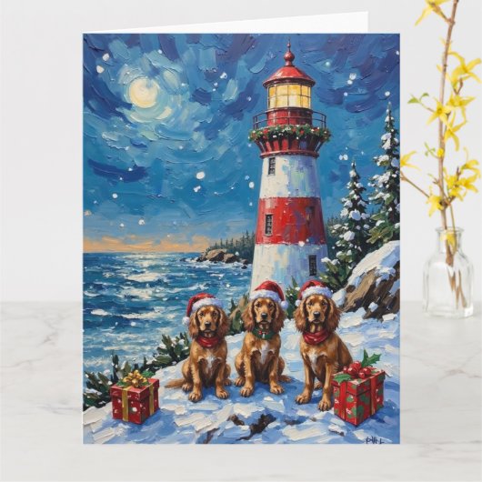 Cocker Spaniel Christmas Lighthouse Holiday カード (黄色い花)