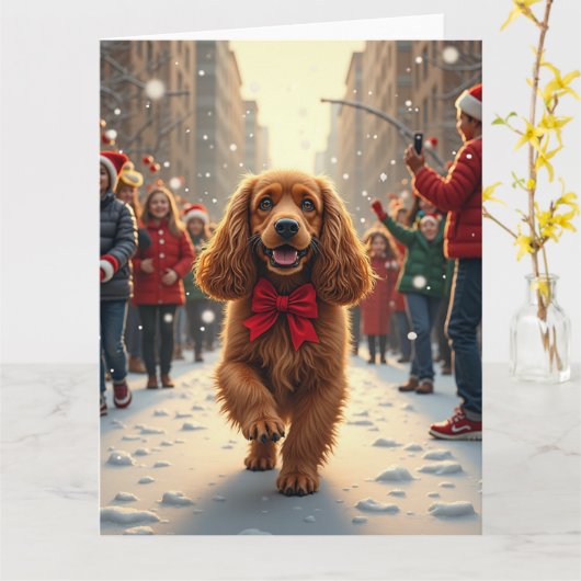 Cocker Spaniel Christmas Parade Holiday Painting カード (黄色い花)