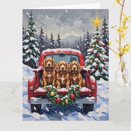 Cocker Spaniel Christmas Red Truck Holiday カード (黄色い花)